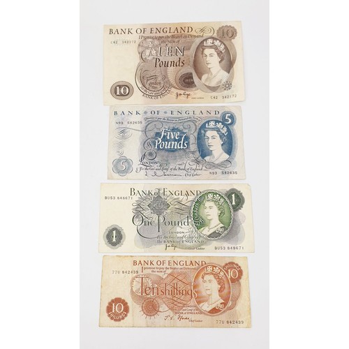 67 - A set of Bank of England notes, £10, £5, £1, 10 shillings. UK shipping £14.