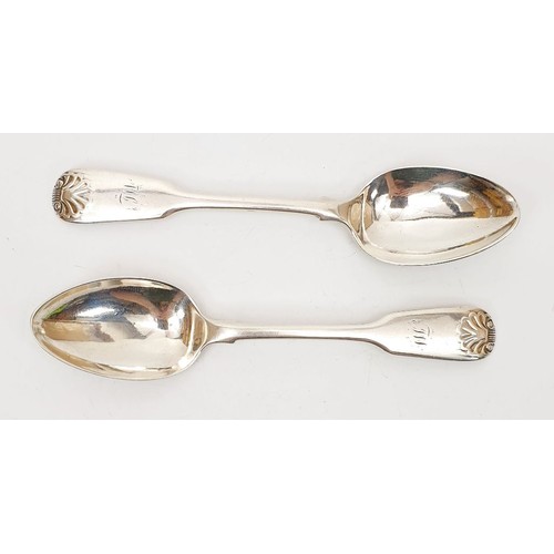 46 - Two Georgian hallmarked silver spoons with shell motifs, weight 59g, London 1831. UK shipping £14.