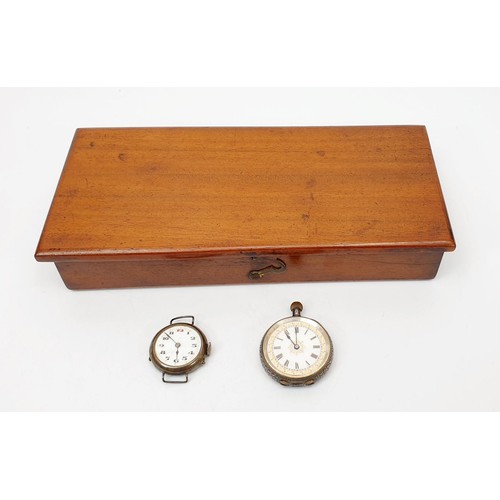 55 - A silver cased wrist watch and fob watch together with an antique box. UK shipping £14.