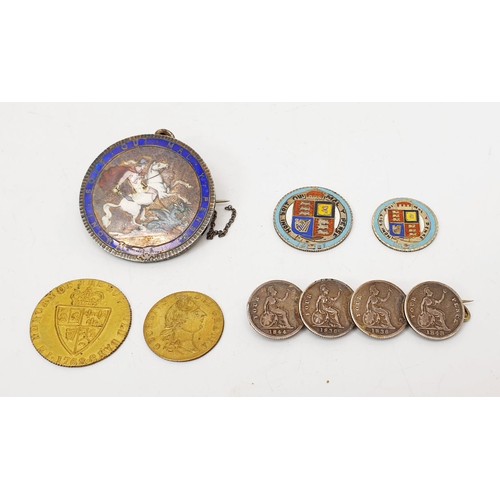 60 - A Georgian 1820 enamelled crown made into a brooch, two Victorian enamelled coins, a brooch made fro... 