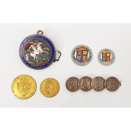 60 - A Georgian 1820 enamelled crown made into a brooch, two Victorian enamelled coins, a brooch made fro... 