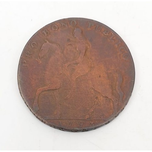 62 - A 1799 Coventry half penny depicting Lady Godiva and Elephant and Castle. UK shipping £14.