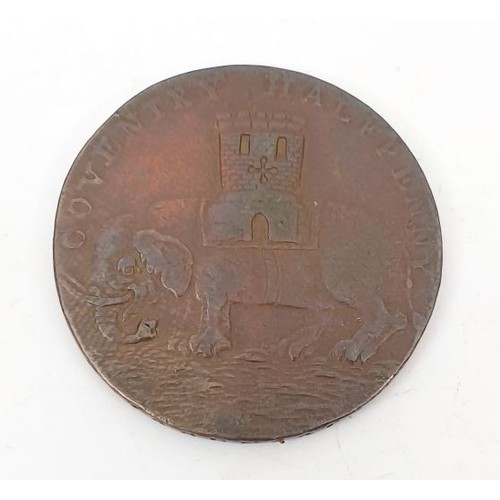 62 - A 1799 Coventry half penny depicting Lady Godiva and Elephant and Castle. UK shipping £14.