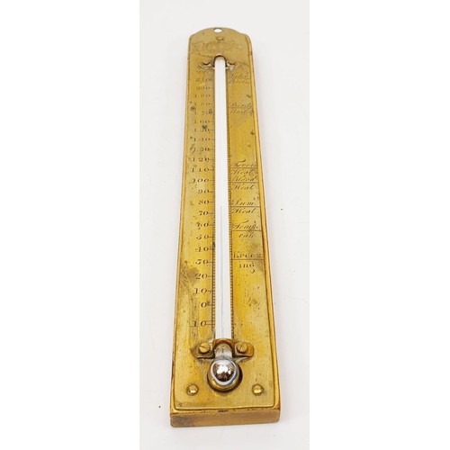 72 - An antique brass thermometer on a replacement back, length 8.5