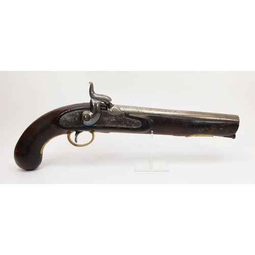 71 - A 19th century military percussion pistol, having full walnut stock, brass furniture, barrel stamped... 