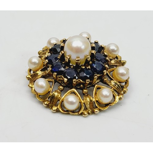 22 - A hallmarked 9ct gold sapphire and pearl brooch, gross weight 7.2g, width 1