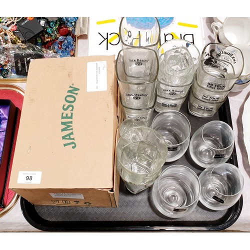 98 - A tray of glasses including Dartington, Jameson and Jack Daniels. No shipping. Arrange collection or... 