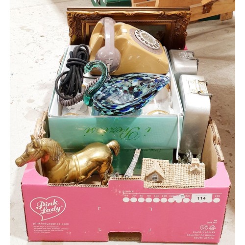 114 - A box of assorted including a vintage telephone. No shipping. Arrange collection or your own packer ... 