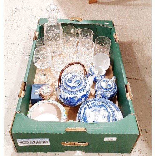 116 - A box of glass and china including Poole. No shipping. Arrange collection or your own packer and shi... 