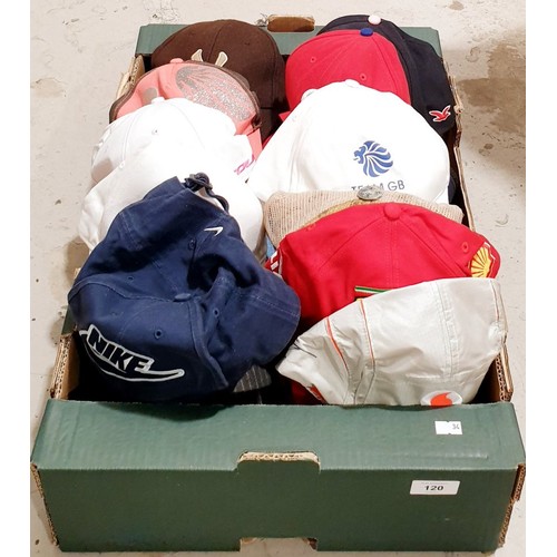 120 - A box of baseball hats. No shipping. Arrange collection or your own packer and shipper, please. Elec... 