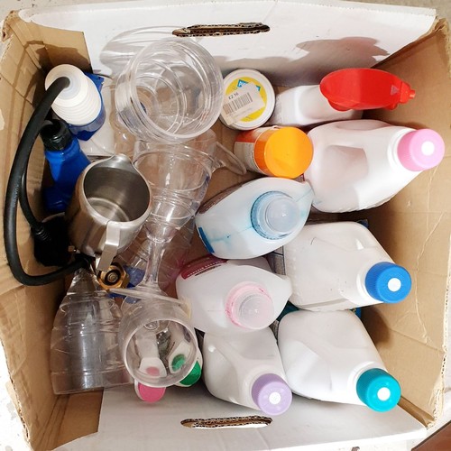 136 - A box of caravan and camping equipment including electrical connectors and caravan chemicals. No shi... 