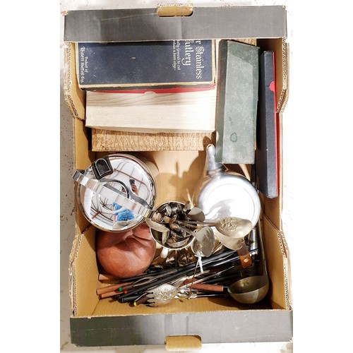 138 - A box of metal ware. No shipping. Arrange collection or your own packer and shipper, please. Electri... 