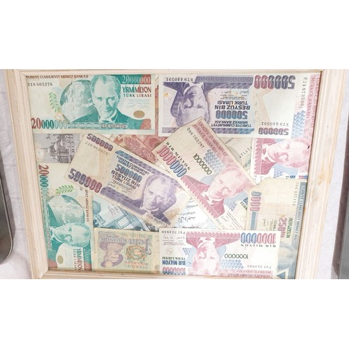 147 - Framed bank notes and coins together with commemorative crowns. No shipping. Arrange collection or y... 