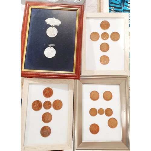 147 - Framed bank notes and coins together with commemorative crowns. No shipping. Arrange collection or y... 