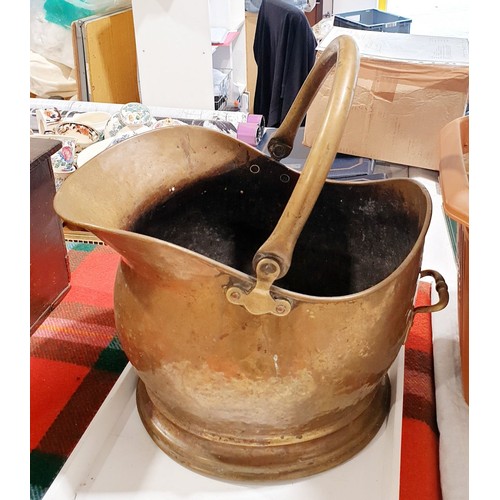 190 - An antique brass coal helmet together with a brass kettle and a brass box iron. No shipping. Arrange... 