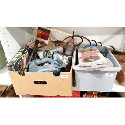 208 - Two boxes of tools and assorted together with a set of trailer tail lights. No shipping. Arrange col... 