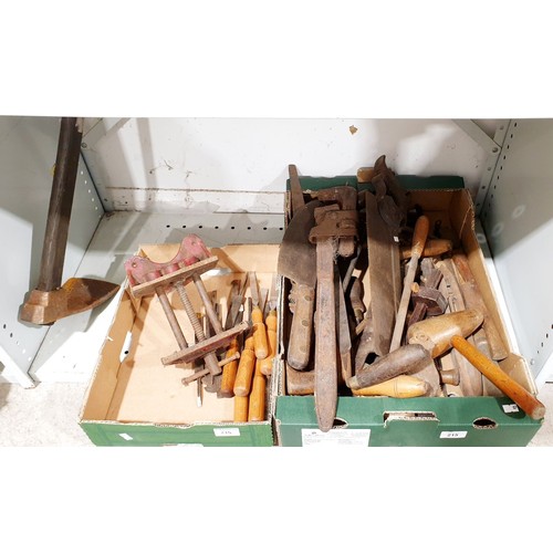 215 - Two boxes of antique and later tools. No shipping. Arrange collection or your own packer and shipper... 