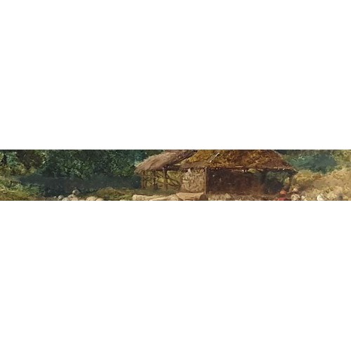 260 - An oil on panel painting depicting figures and sheep in a landscape, 9.5