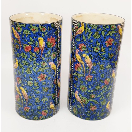 278 - A pair of antique Royal Doulton vases transfer printed with parrots and foliage, A/F, height 8