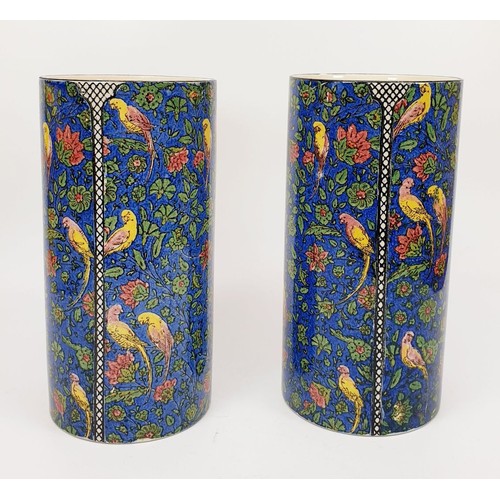 278 - A pair of antique Royal Doulton vases transfer printed with parrots and foliage, A/F, height 8