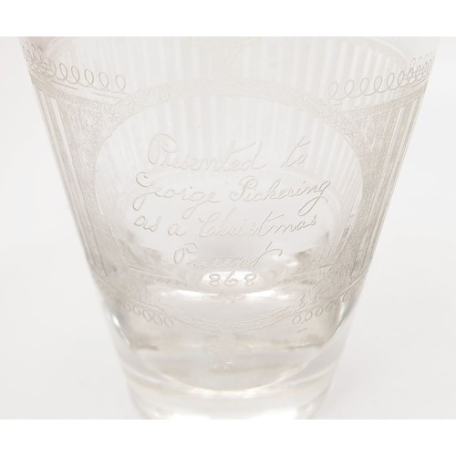 280 - An antique tumbler with engraved decoration and inscription 