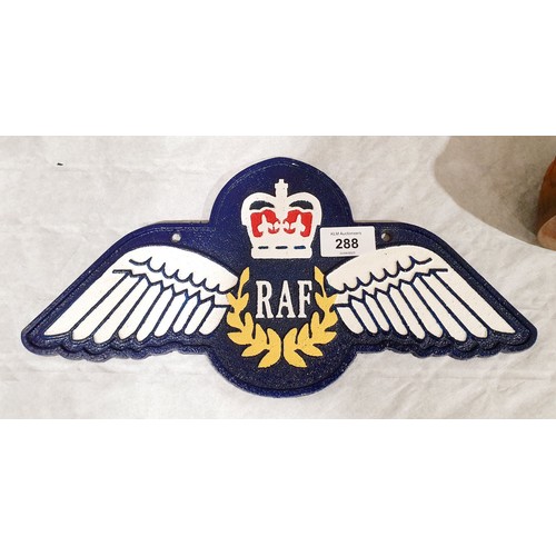 288 - A reproduction cast iron RAF wall plaque, length 13.75