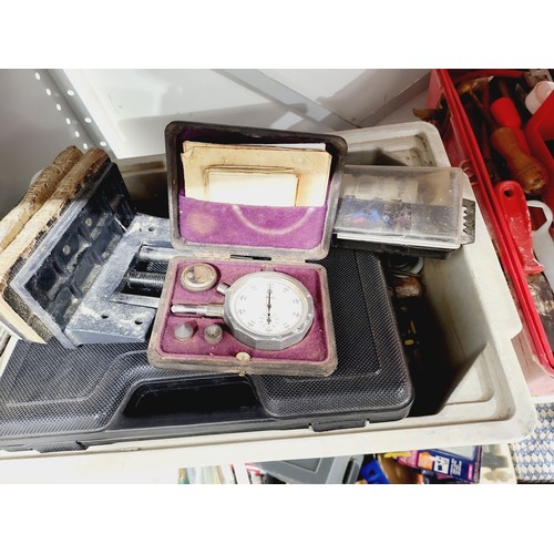 221 - Two boxes of tools including a Hasler speed gauge. No shipping. Arrange collection or your own packe... 