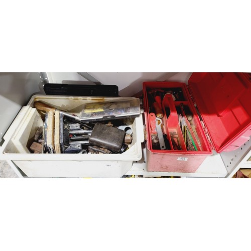 221 - Two boxes of tools including a Hasler speed gauge. No shipping. Arrange collection or your own packe... 