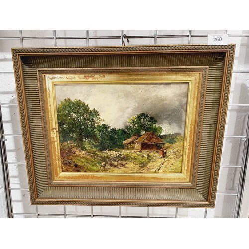 260 - An oil on panel painting depicting figures and sheep in a landscape, 9.5