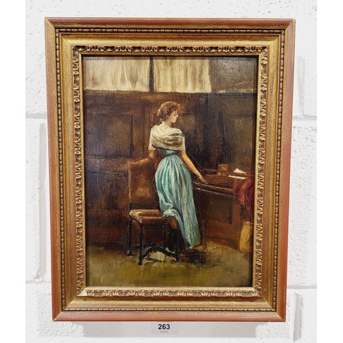 263 - An antique oil on board painting of a lady, 12