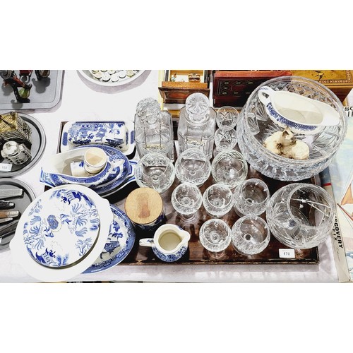 170 - A selection of cut glassware and two Crown Staffordshire decanter labels together with blue and whit... 