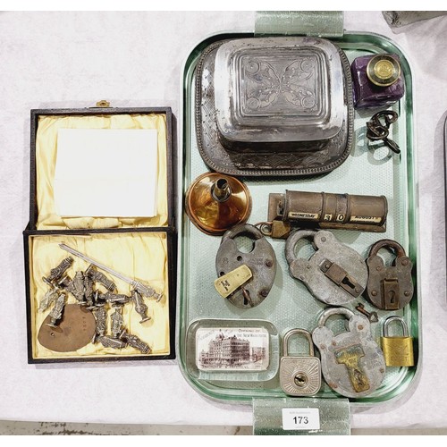 173 - A tray of collectables including vintage padlocks. UK shipping £14.