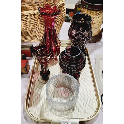 180 - Two red cut glass vases and one other which is A/F, cranberry coloured vase, height 11.5