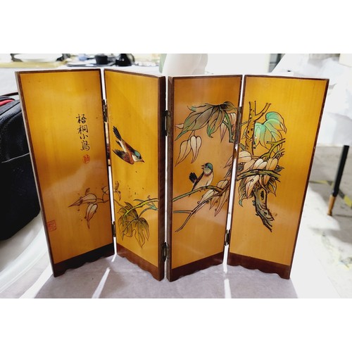 182 - A Chinese four leaf miniature screen decorated with birds in tree branches with signature, width 12