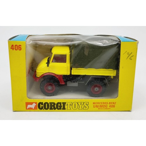 109 - A vintage boxed Corgi Mercedes Unimog, 406 with canopy. UK shipping £14. We combine shipping.