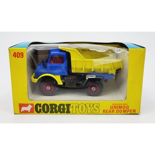 110 - A vintage boxed Corgi Mercedes Benz Unimog Rear Dumper, 409. UK shipping £14. We combine shipping.