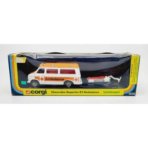 124 - A vintage boxed Corgi Chevrolet-Superior 61 Ambulance, 405. UK shipping £14. We combine shipping.