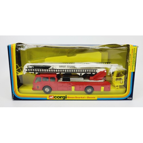 127 - A vintage boxed Corgi Simon Snorkel-Dennis Fire Engine, 1126. UK shipping £14. We combine shipping.