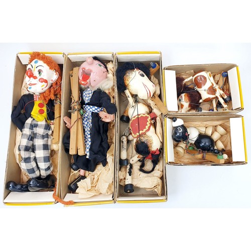 503 - Five vintage boxed Pelham Puppets to include: Horse, Type SM Witch, Bimbo the Clown, Bengo and Foal.... 