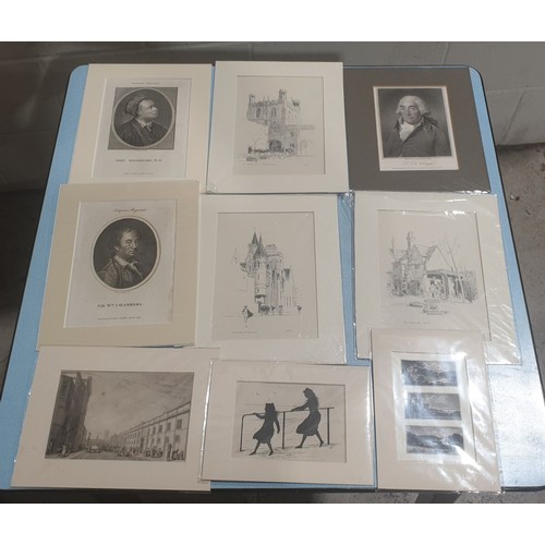 68 - A selection of 19th century engravings and prints, many mounted together with early 1900s pencil dra... 