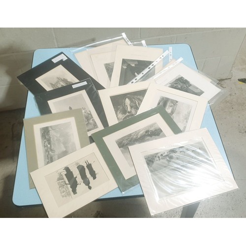 68 - A selection of 19th century engravings and prints, many mounted together with early 1900s pencil dra... 