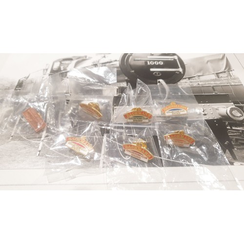 103 - A selection of steam train photographs and Bachmann Collector's Club badges. UK shipping £14.