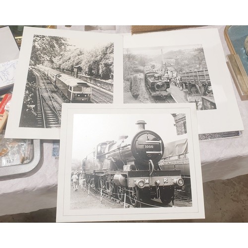103 - A selection of steam train photographs and Bachmann Collector's Club badges. UK shipping £14.