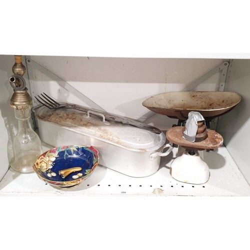 A fish kettle, cast iron weighing scales, a hooker pipe, a decorative steel  fork and a Royal Winton