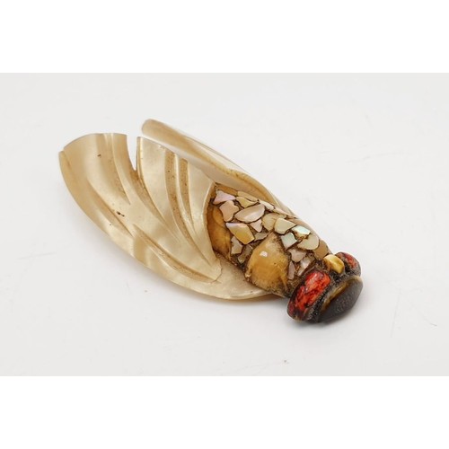 2 - A vintage pin in the form of an insect set with hard stones and abalone shell, length 2