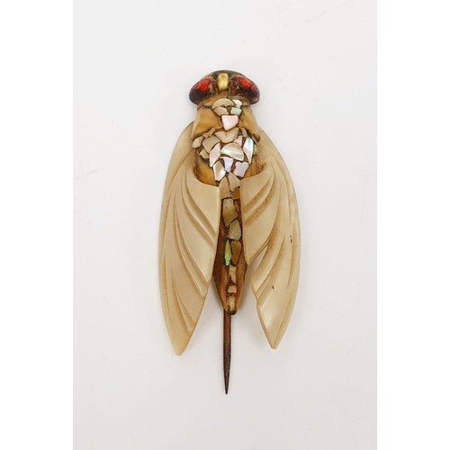 2 - A vintage pin in the form of an insect set with hard stones and abalone shell, length 2