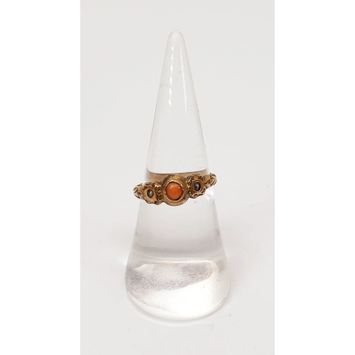 5 - An antique 9ct gold ring set with coral and black pearl, size M/N, gross weight 1.5g. UK shipping £1... 