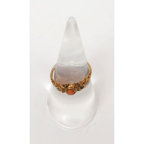 5 - An antique 9ct gold ring set with coral and black pearl, size M/N, gross weight 1.5g. UK shipping £1... 