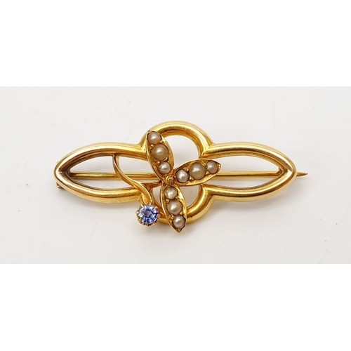 12 - A 15ct gold sapphire and pearl set brooch, gross weight 3.7g. UK shipping £14.