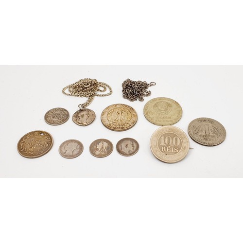 18 - A 1896 100 Reis coin made into a brooch, a Roman coin on a silver chain and silver content and other... 